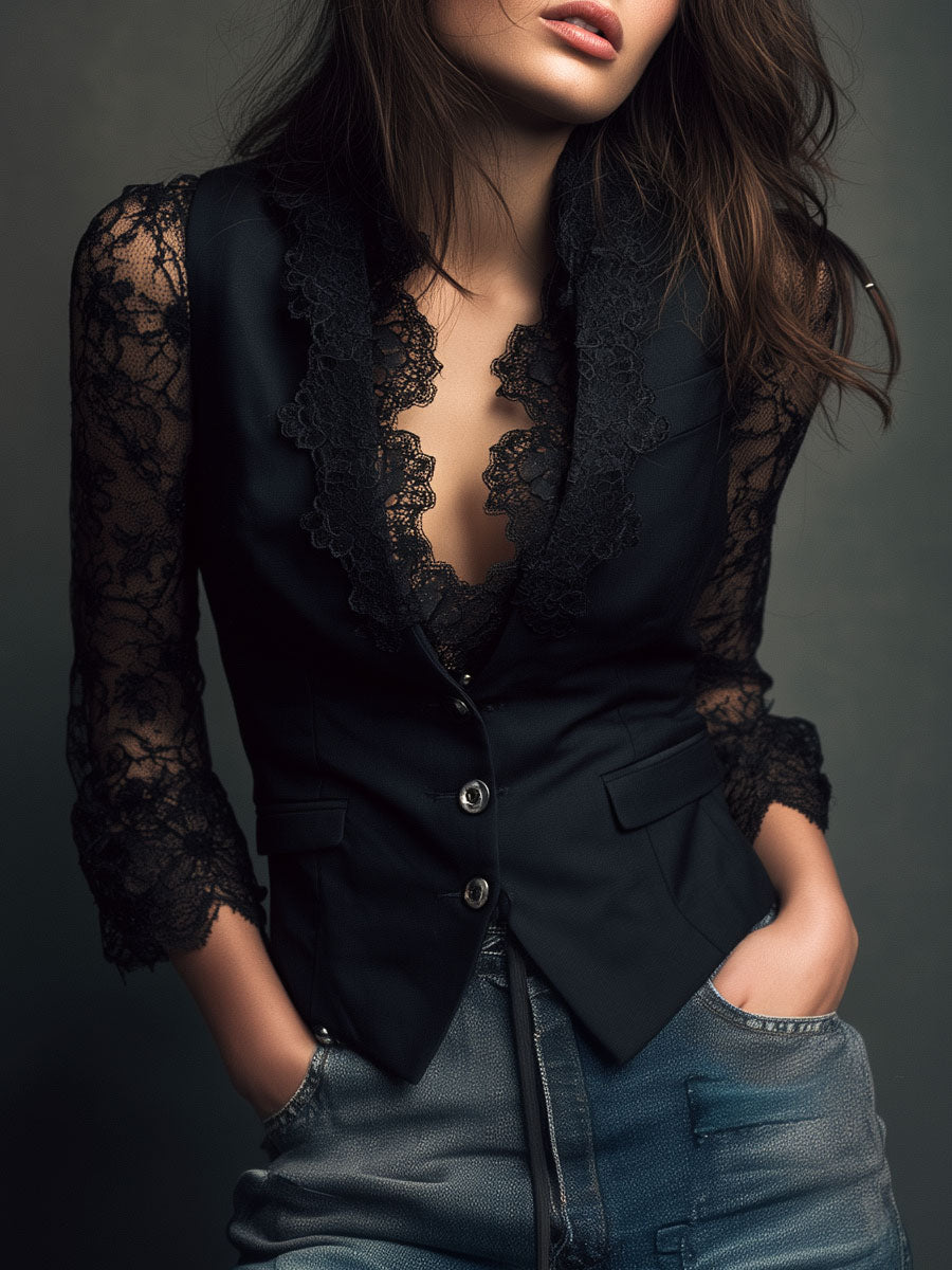Noemi | Top Estilo Blazer Negro con Mangas Semitransparentes