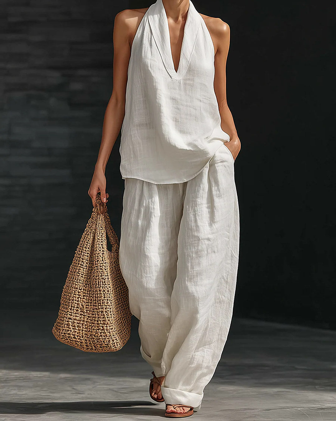 Zoe | Conjunto con Top Halter y Pantalón de Pierna Ancha, Blanco