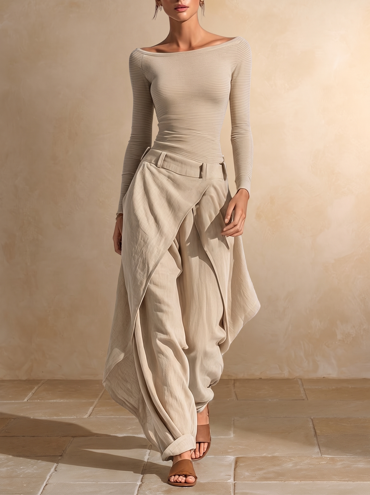 Orsola | Conjunto de Top con Cuello Barco y Pantalón en Capas, Beige