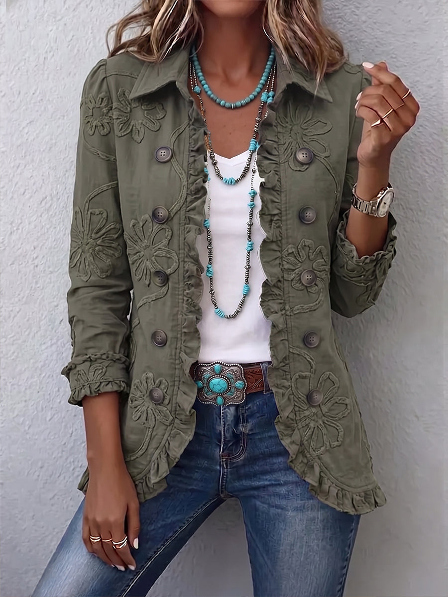 Faustine | Chamarra Utility con Bordado Floral y Olanes, Verde Olivo