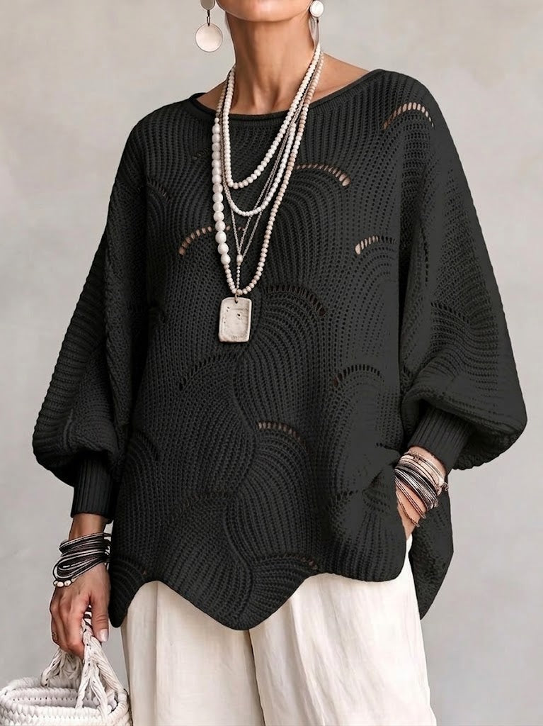 Norma | Suéter Calado de Ondas con Mangas Farol, Negro