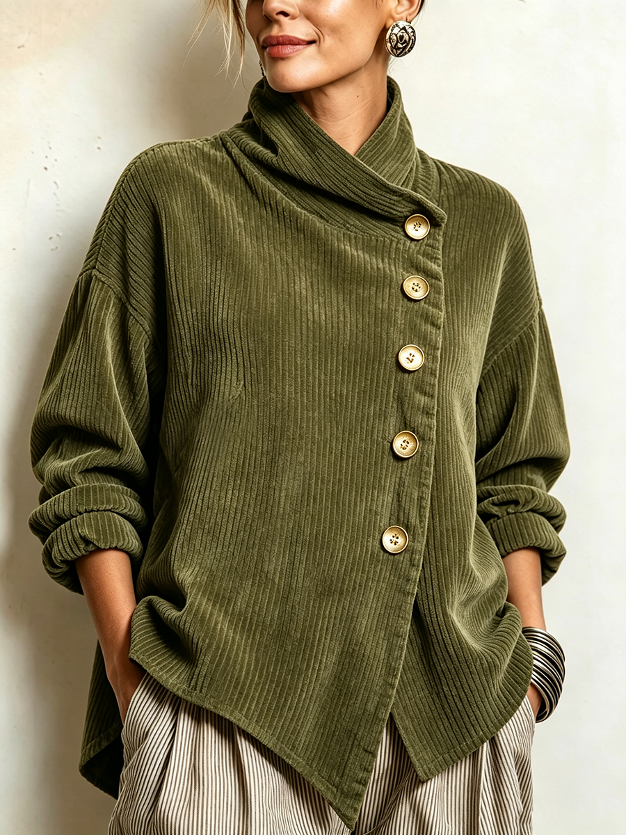 Delfina | Blusa de Pana con Cuello Alto y Botones en Diagonal, Verde Olivo