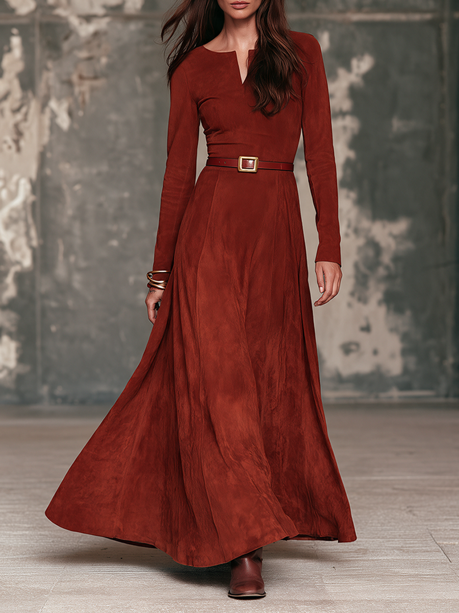 Rosalba | Vestido Maxi Efecto Gamuza con Escote en V y Cinturón, Rojo Óxido