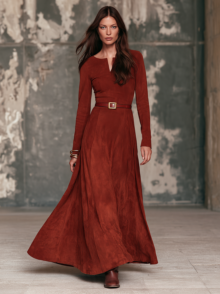 Rosalba | Vestido Maxi Efecto Gamuza con Escote en V y Cinturón, Rojo Óxido