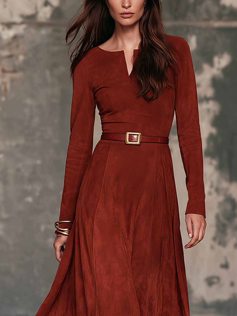 Rosalba | Vestido Maxi Efecto Gamuza con Escote en V y Cinturón, Rojo Óxido