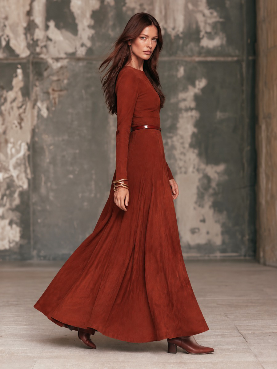 Rosalba | Vestido Maxi Efecto Gamuza con Escote en V y Cinturón, Rojo Óxido