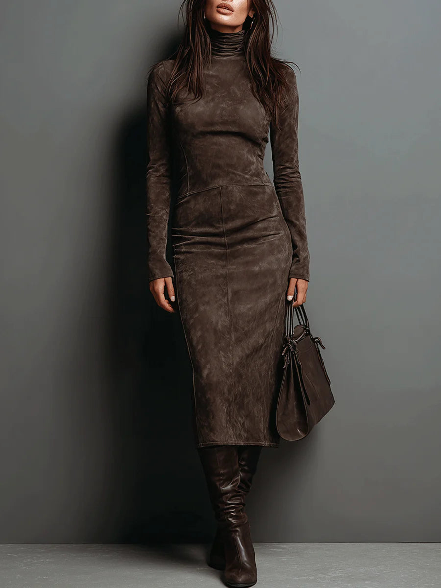 Rosa | Vestido Midi de Cuello Alto Efecto Gamuza, Café