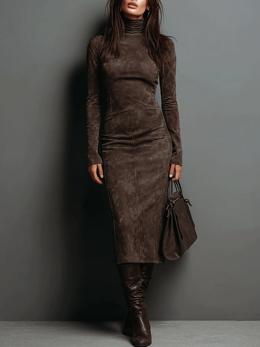 Rosa | Vestido Midi de Cuello Alto Efecto Gamuza, Café