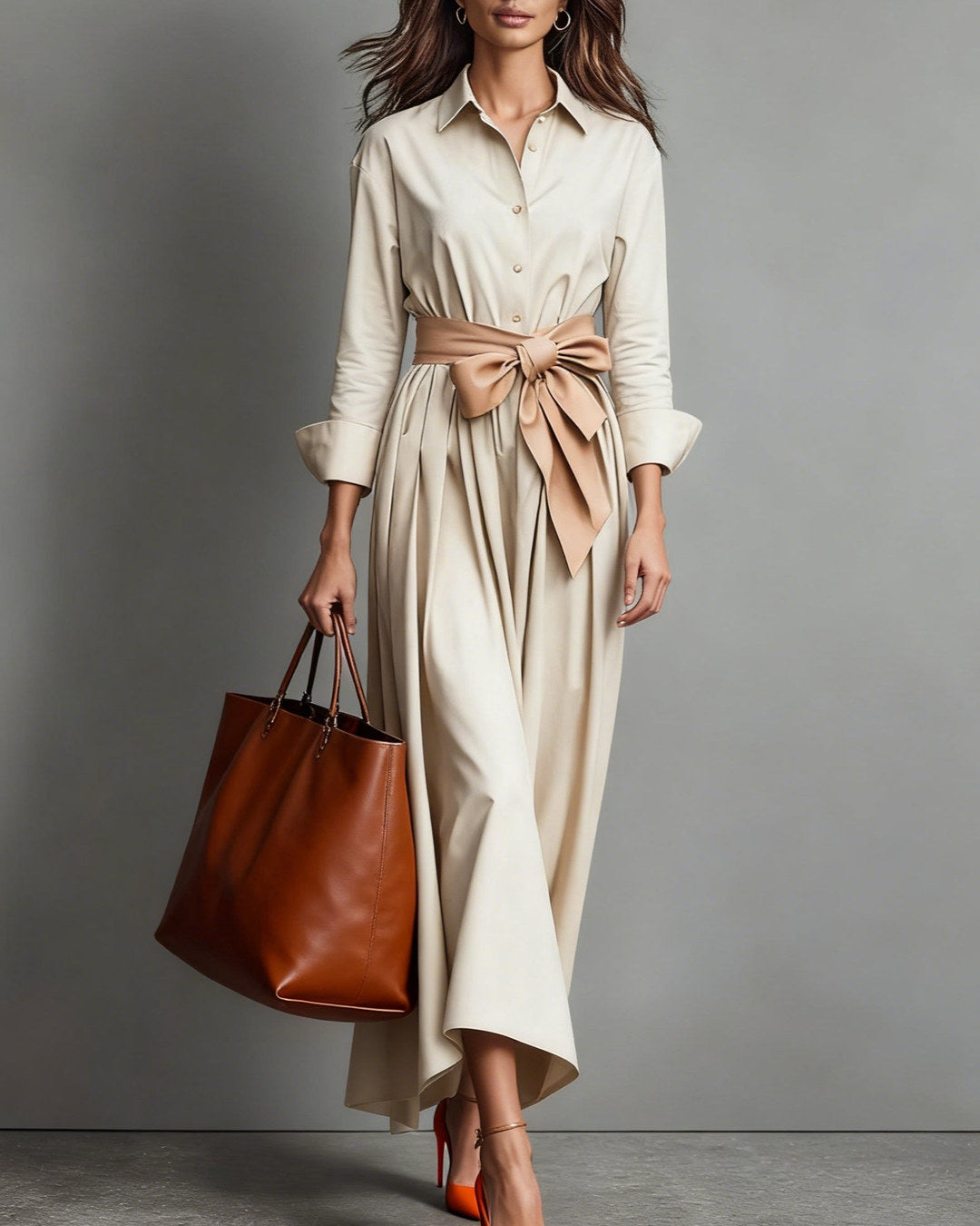 Marisa | Vestido Camisero Midi con Moño en la Cintura