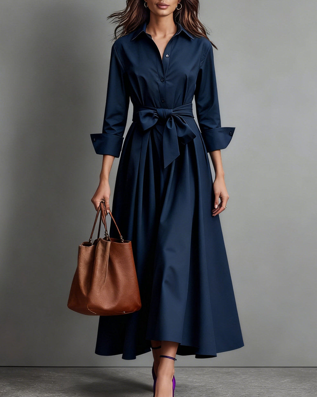 Marisa | Vestido Camisero Midi con Moño en la Cintura