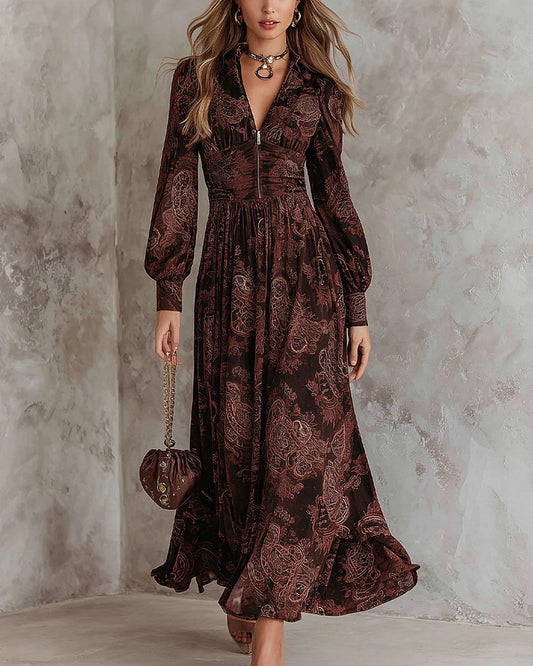 Arianna | Vestido Largo Paisley con Cintura Marcada, Café