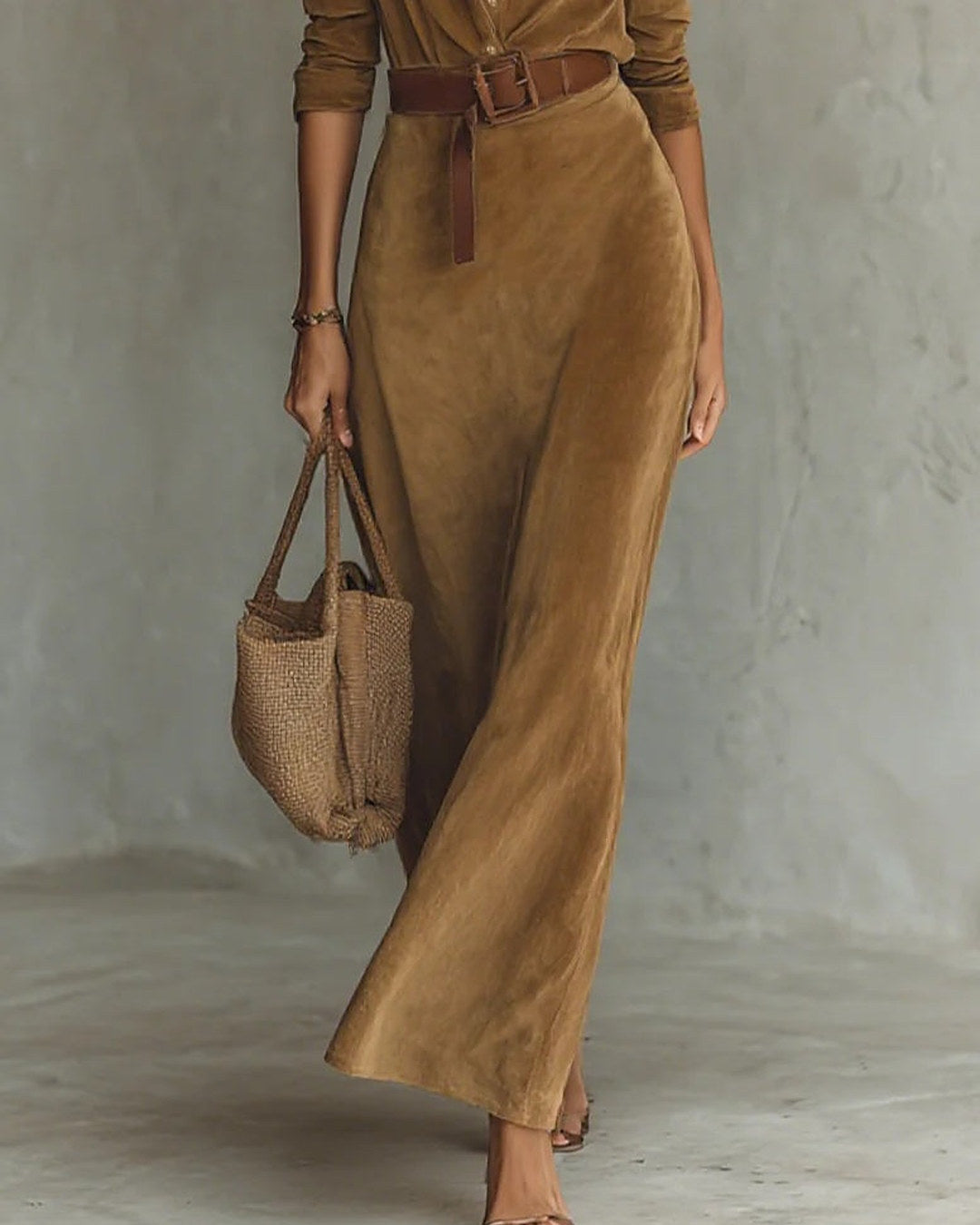 Giada | Vestido Largo Efecto Gamuza con Cuello Camisero y Cinturón