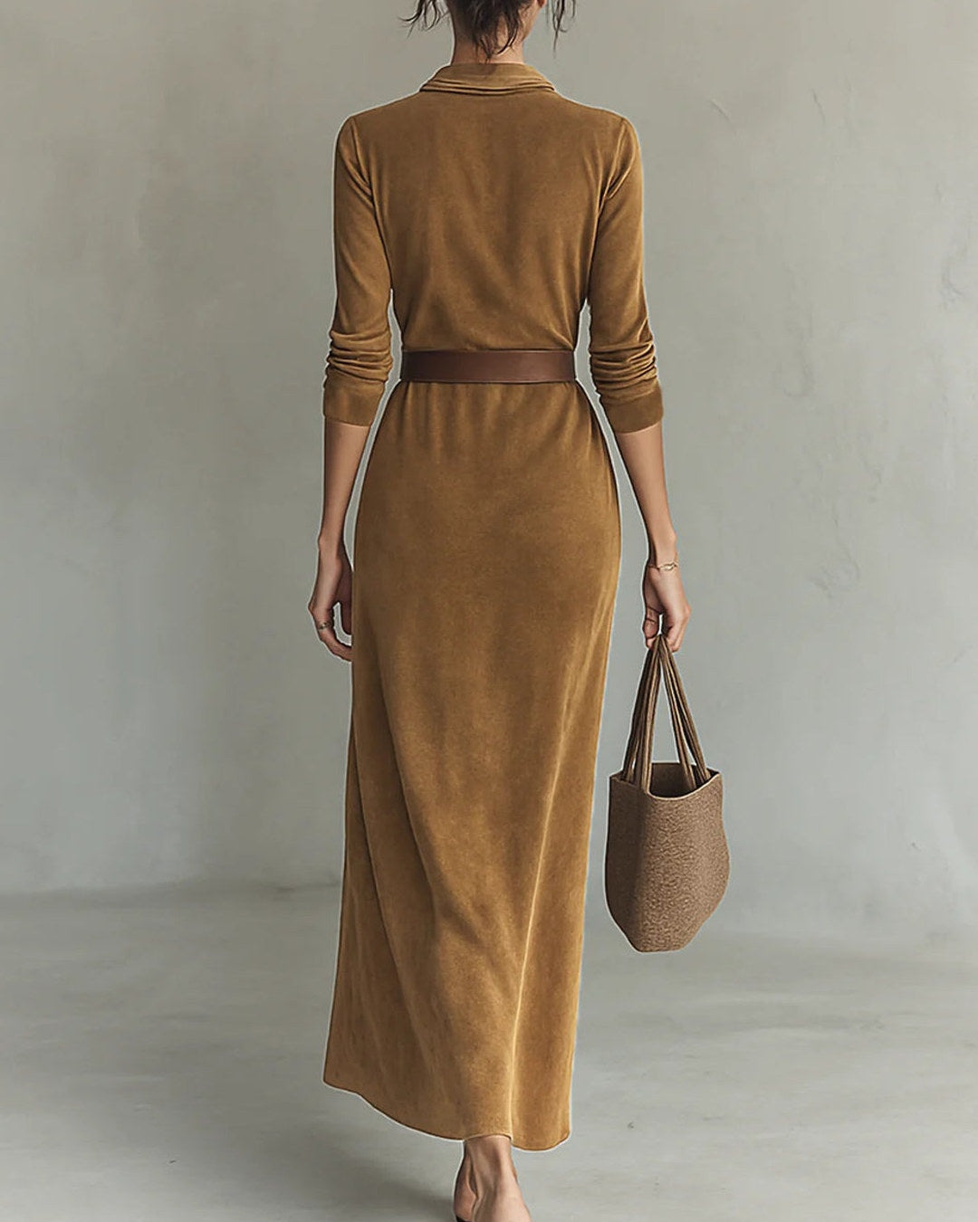 Giada | Vestido Largo Efecto Gamuza con Cuello Camisero y Cinturón