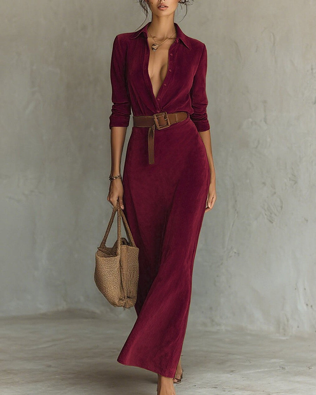 Giada | Vestido Largo Efecto Gamuza con Cuello Camisero y Cinturón