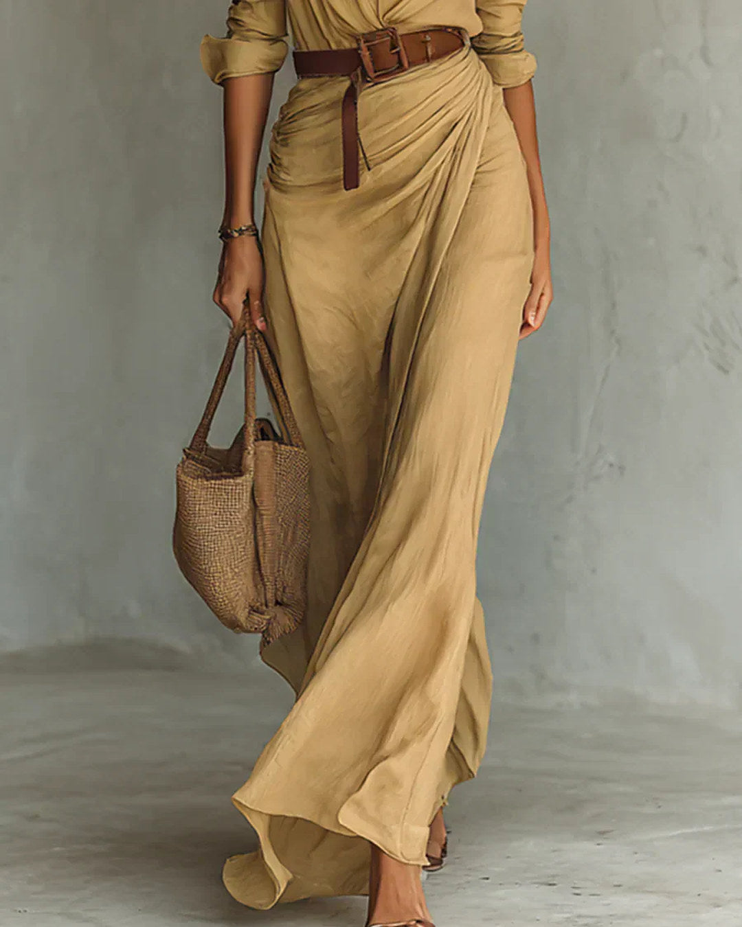 Camila | Vestido Largo Camisero con Cinturón y Falda Cruzada, Ocre