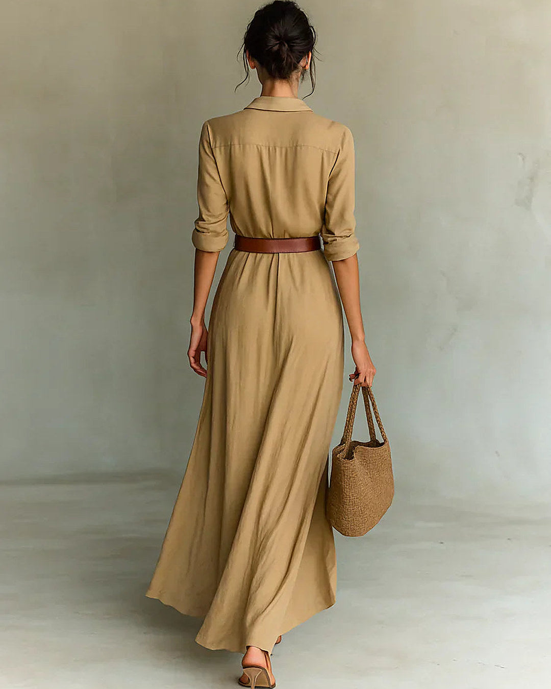 Camila | Vestido Largo Camisero con Cinturón y Falda Cruzada, Ocre