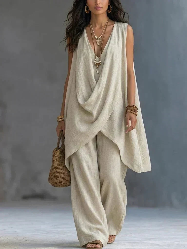 Alegría | Conjunto con blusa drapeada y pantalones anchos