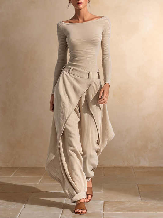 Orsola | Conjunto de Top con Cuello Barco y Pantalón en Capas, Beige