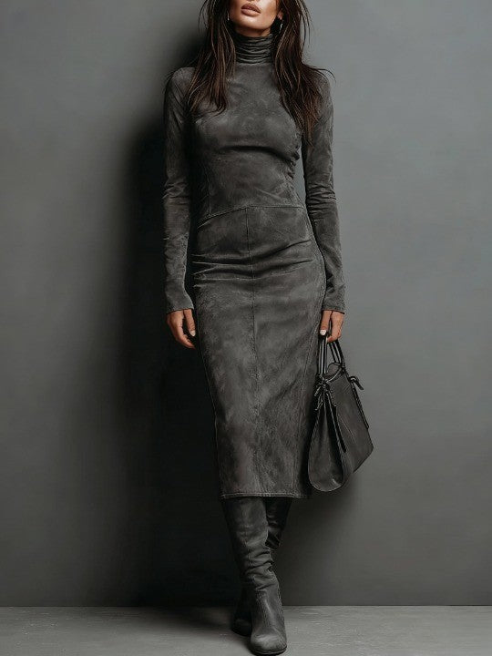 Rosa | Vestido Midi de Cuello Alto Efecto Gamuza, Café