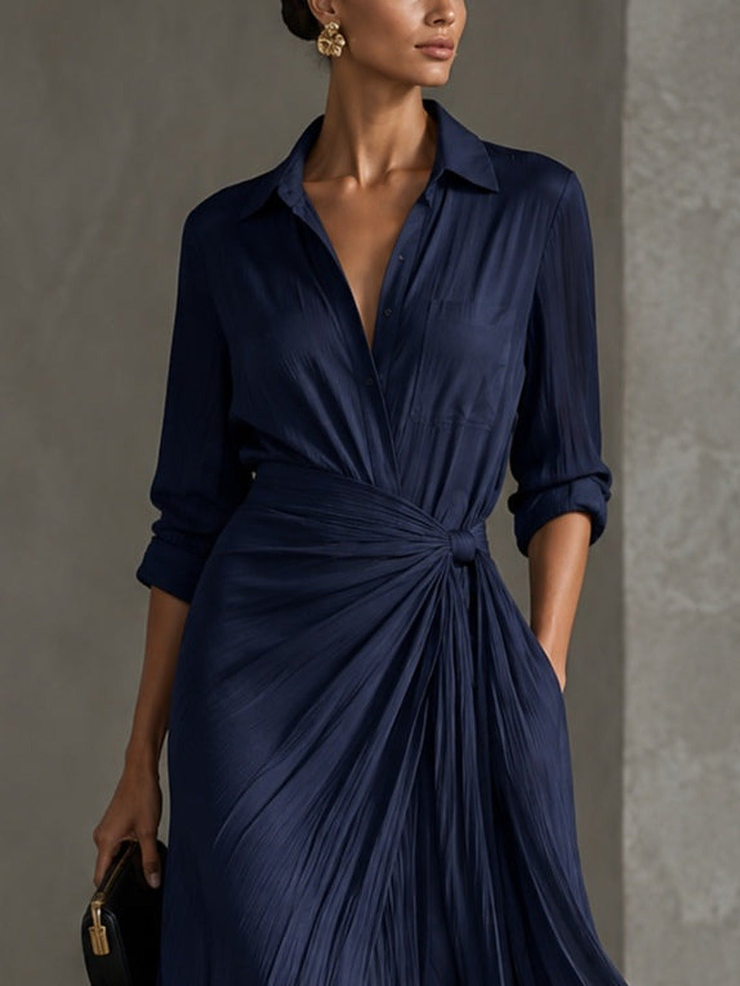 Allegra | Vestido Camisero Largo con Nudo en la Cintura, Azul Marino