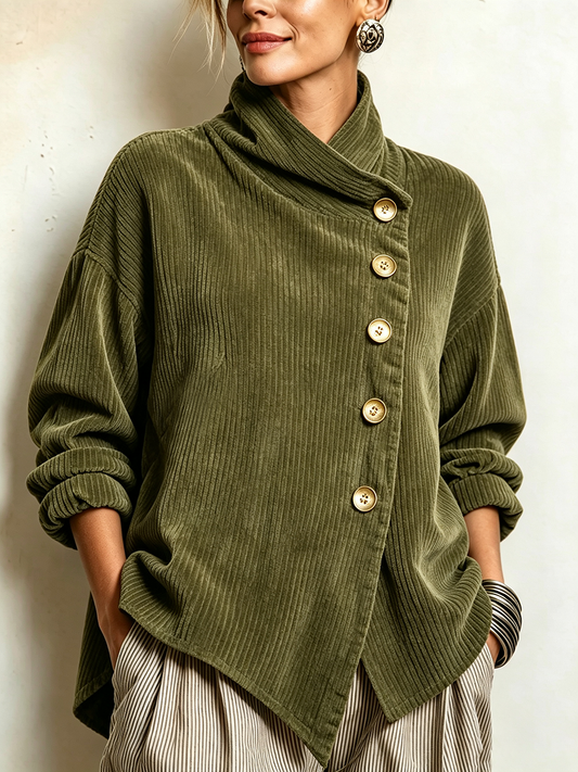 Delfina | Blusa de Pana con Cuello Alto y Botones en Diagonal, Verde Olivo