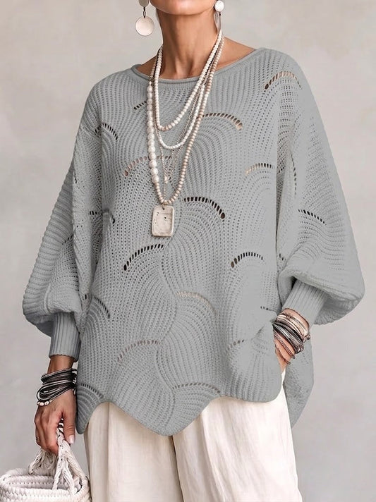 Tecla | Suéter Calado de Ondas con Mangas Farol, Gris